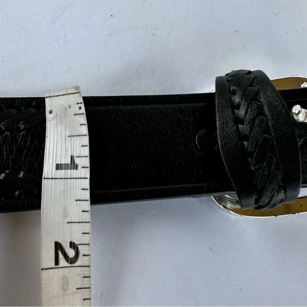 Black Leather Sz 36 Silver Plated Belt‎